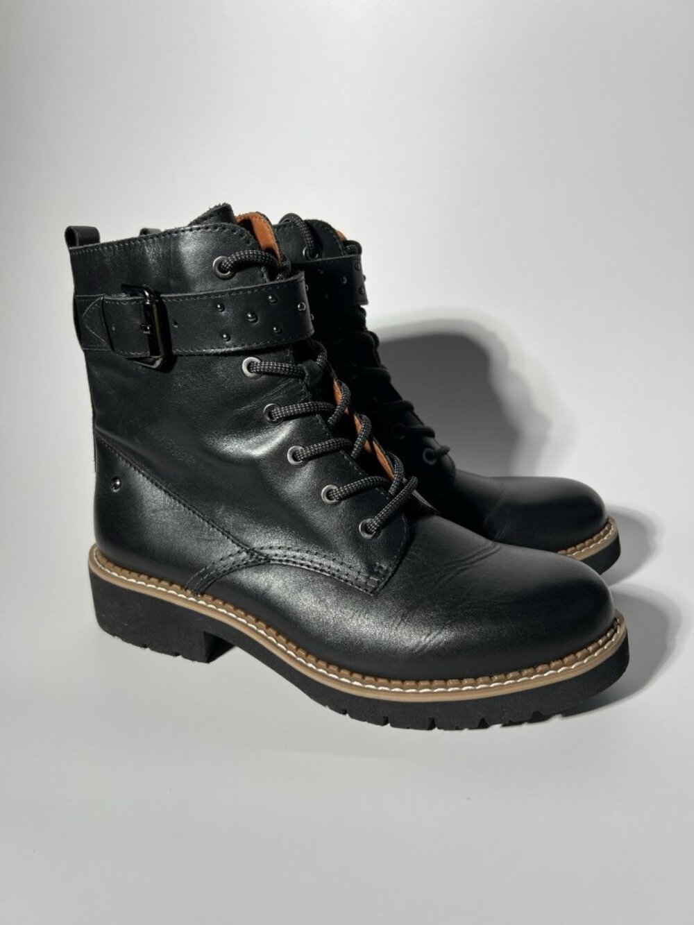 Pikolinos Vicar Women’s Leather Combat Boots Black Studded Buckle EU 37